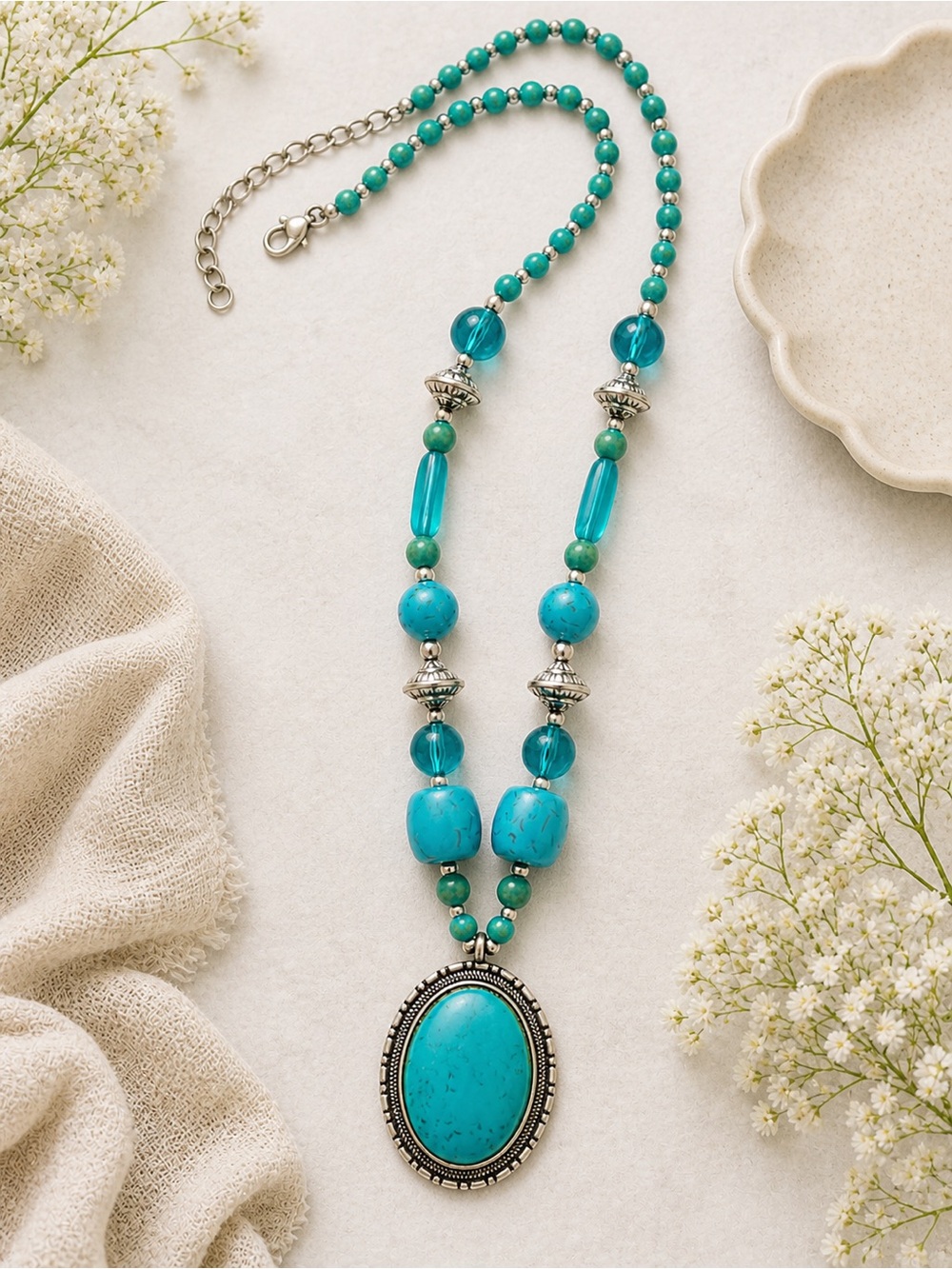 Turquoise Statement Necklace Large Pendant Boho Festival - Picture 2 of 4